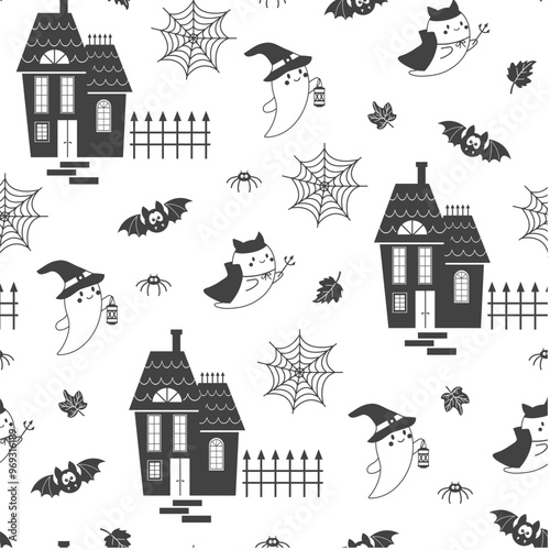 Halloween seamless pattern. Cute ghosts, spider web, bats, gloomy castle on white background. Halloween silhouettes. Holiday cartoon seamless pattern.