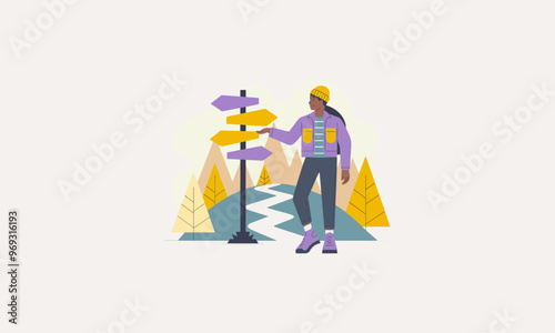 hiker choosing a direction at a signpost outdoors.