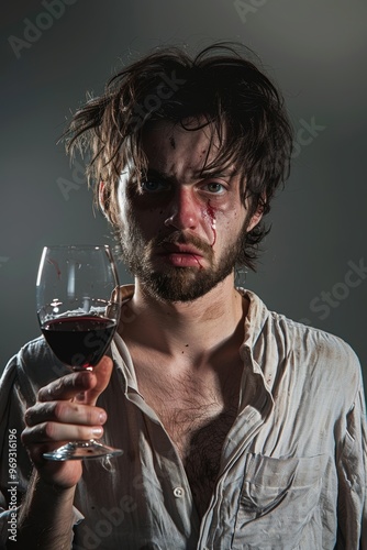 A drunken exhuasted messy female holding a glass of red wine photo