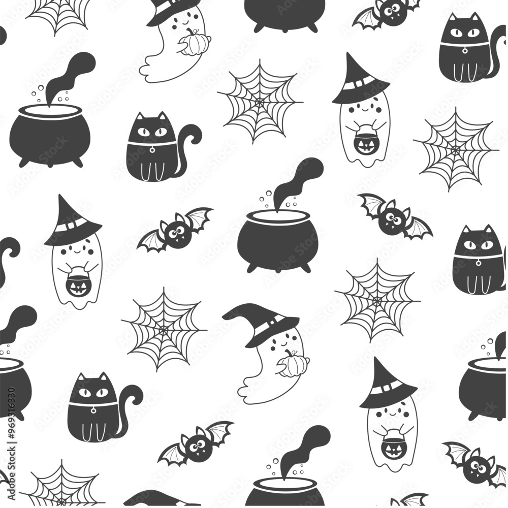 Halloween seamless pattern. Cute ghosts, spider web, bats, witch's brew and black cat on white background. Halloween silhouettes. Holiday cartoon seamless pattern. Halloween seamless pattern. Cute ghosts, spider web, bats, witch's brew and black cat on white background. Halloween silhouettes. Holiday cartoon seamless pattern.