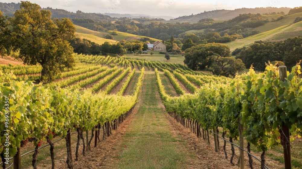 Naklejka premium A picturesque vineyard stretching across rolling hills, with neatly arranged grapevines and a charming farmhouse nestled in the distance.
