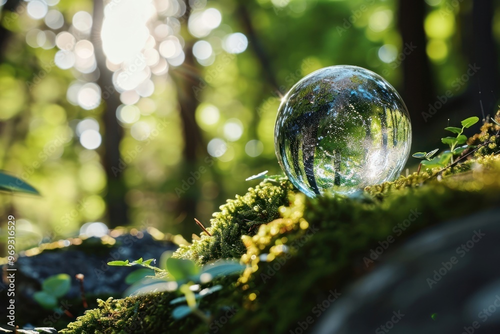 Crystal ball with green moss forest outdoors woodland.