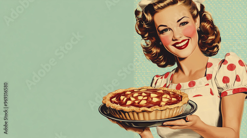 A vintage commercial style illustration of a perfect retro style traditional housewife in candy colours, smiling and holding a fresh baked pie.  Wide landscape 16:9 with copy space, text blank photo