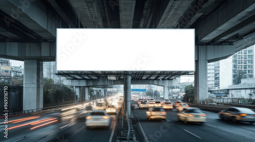 Blank billboard on a busy urban highway with traffic beneath, perfect for advertisement mockups and cityscape designs.