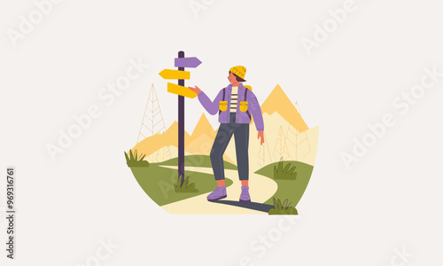 hiker choosing a direction at a signpost outdoors.