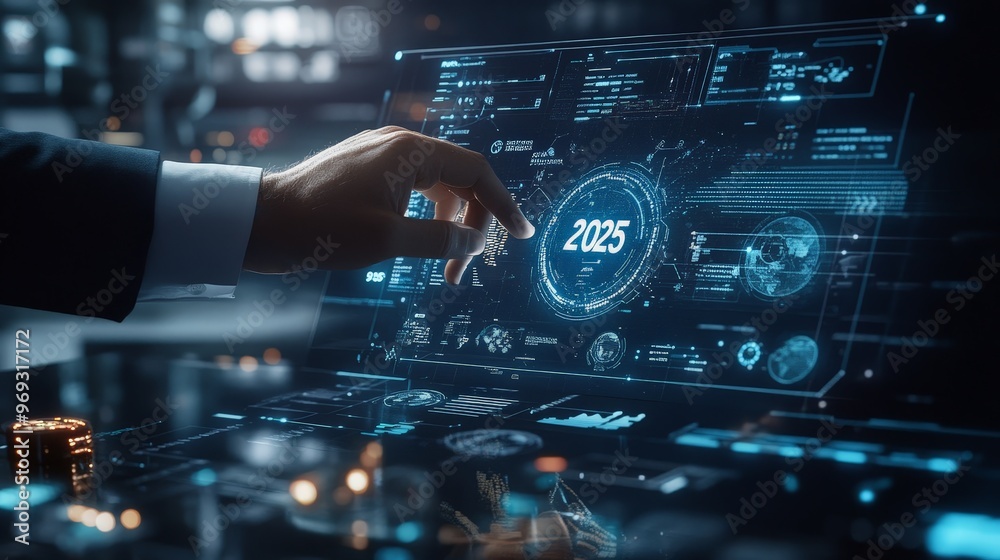 A professional workspace features a businessman changing the year on a digital status bar from 2025 to 2026, representing the initiation of new business strategies, planning A professional workspace features a businessman changing the year on a digital status bar from 2025 to 2026, representing the initiation of new business strategies, planning
