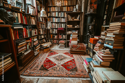 Chaotic Library Full of Old Books with Persian Rug. Literature, Knowledge and Inspiration. Creative Spaces. Interior Design.