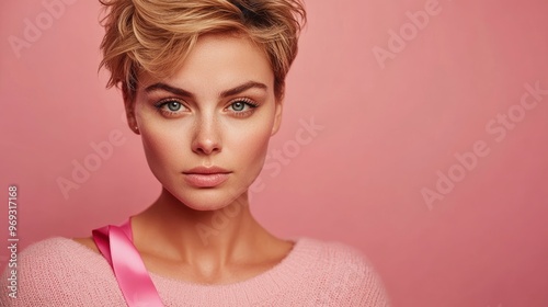 Short trimmed pretty woman poses with a serious look with a pink ribbon on her clothes - a symbol of the fight against breast cancer, bright solid background