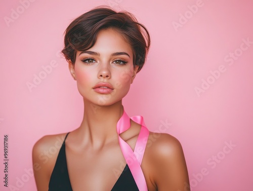 Short trimmed pretty woman poses with a serious look with a pink ribbon on her clothes - a symbol of the fight against breast cancer, bright solid background photo