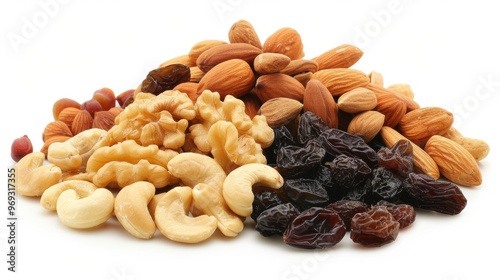 Raisin grain and a variety of nuts closeup view
