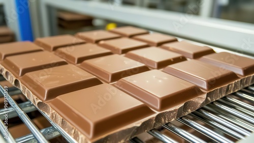 Giant chocolate bars cooling on racks inside a factory, Chocolate production, large-scale, sweet indulgence photo