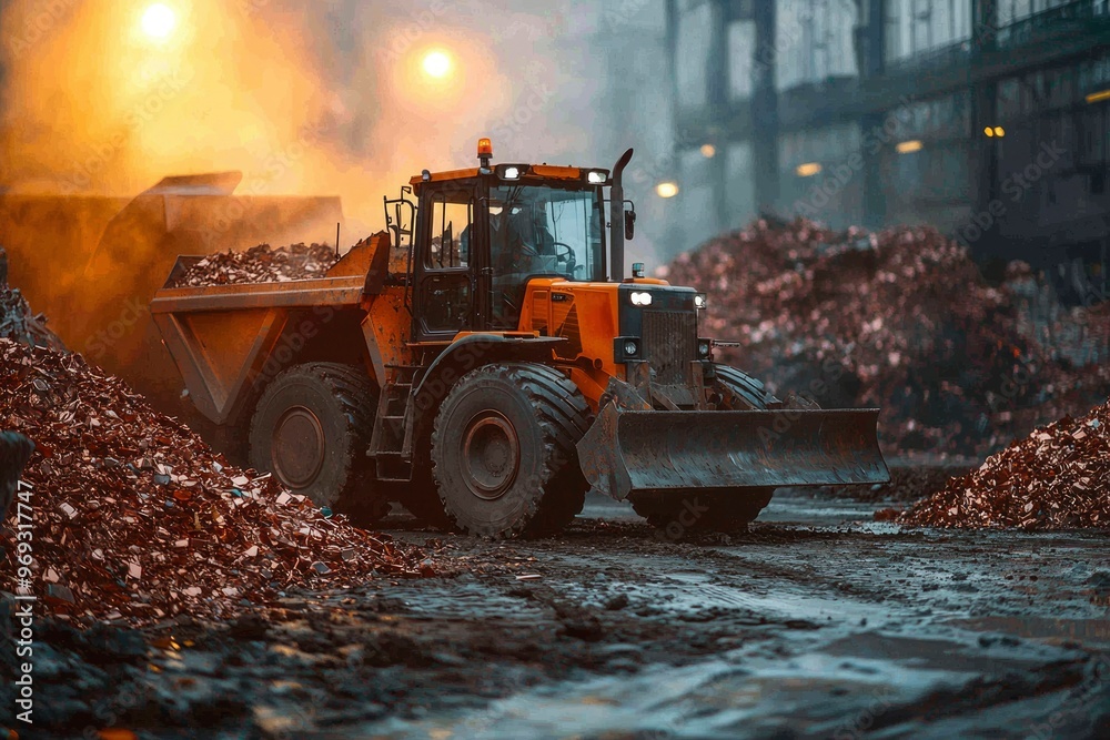 Orange Dump Truck Moving Scrap Metal in Industrial Setting Orange Dump Truck Moving Scrap Metal in Industrial Setting
