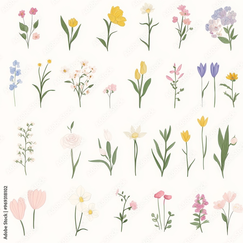 A collection of beautiful hand-drawn flowers in various colors and shapes, perfect for spring-themed designs and artworks. A collection of beautiful hand-drawn flowers in various colors and shapes, perfect for spring-themed designs and artworks.