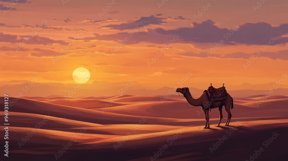 A serene desert landscape with sand dunes, a setting sun, and a lone camel trekking through the vast expanse. A serene desert landscape with sand dunes, a setting sun, and a lone camel trekking through the vast expanse.