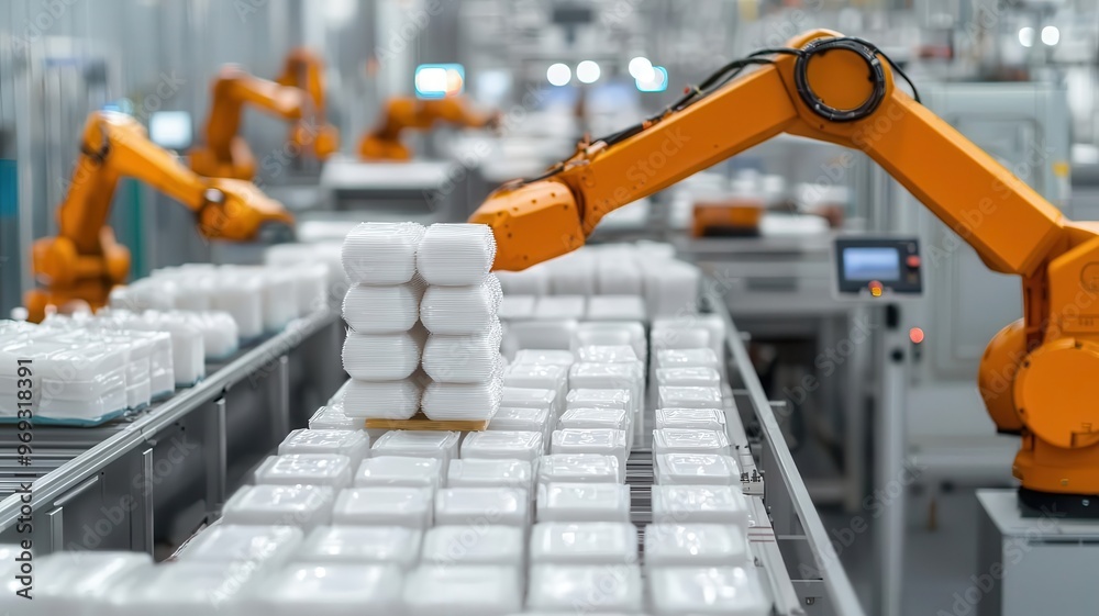 Robotic arms stacking plastic products for packaging, Plastic manufacturing automation, modern technology, mass production Robotic arms stacking plastic products for packaging, Plastic manufacturing automation, modern technology, mass production