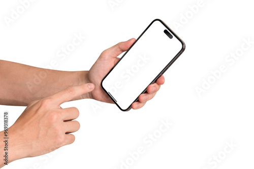 Hand using smartphone with blank screen isolated on white background. Concept for business finance, Technology concept, Product advertising concept and Marketing concept. High quality image for you.