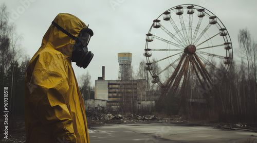 man wearing gas mask and protective suit for radioactive radiation visiting chernobyl ukraine after nuclear desaster photo