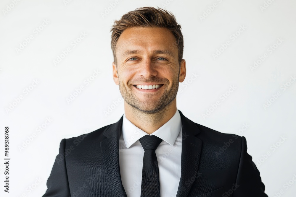 Portrait of handsome caucasian man in formal suit looking at camera smiling with toothy smile isolated in white background. Confident businessman ceo boss freelancer manager with generative ai