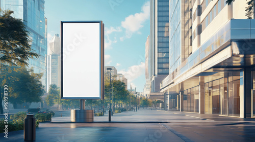 Modern cityscape with a blank billboard on a sunny day, perfect for advertising and branding concepts.
