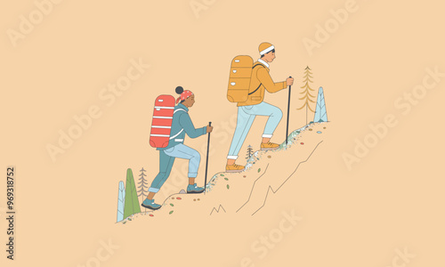 two hikers climbing uphill with backpacks and trekking poles