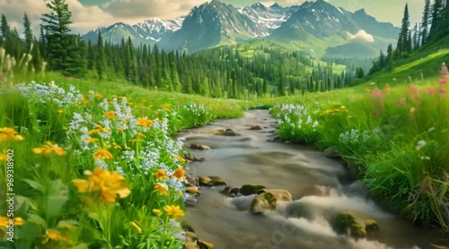 Small mountain stream among flowering hills and mountains.4k