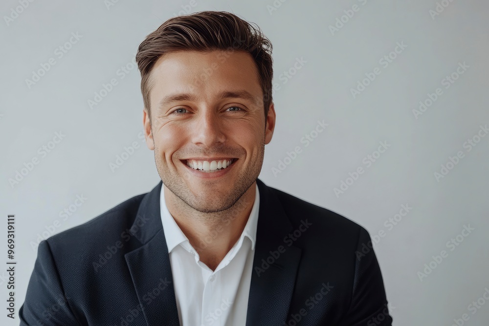 Portrait of handsome caucasian man in formal suit looking at camera smiling with toothy smile isolated in white background. Confident businessman ceo boss freelancer manager with generative ai Portrait of handsome caucasian man in formal suit looking at camera smiling with toothy smile isolated in white background. Confident businessman ceo boss freelancer manager with generative ai