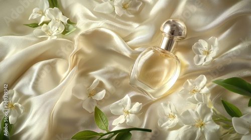 A perfume bottle lying on silk fabric, with jasmine flowers scattered around, exuding a sense of luxury and softness.