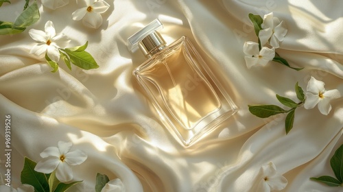 A perfume bottle lying on silk fabric, with jasmine flowers scattered around, exuding a sense of luxury and softness.