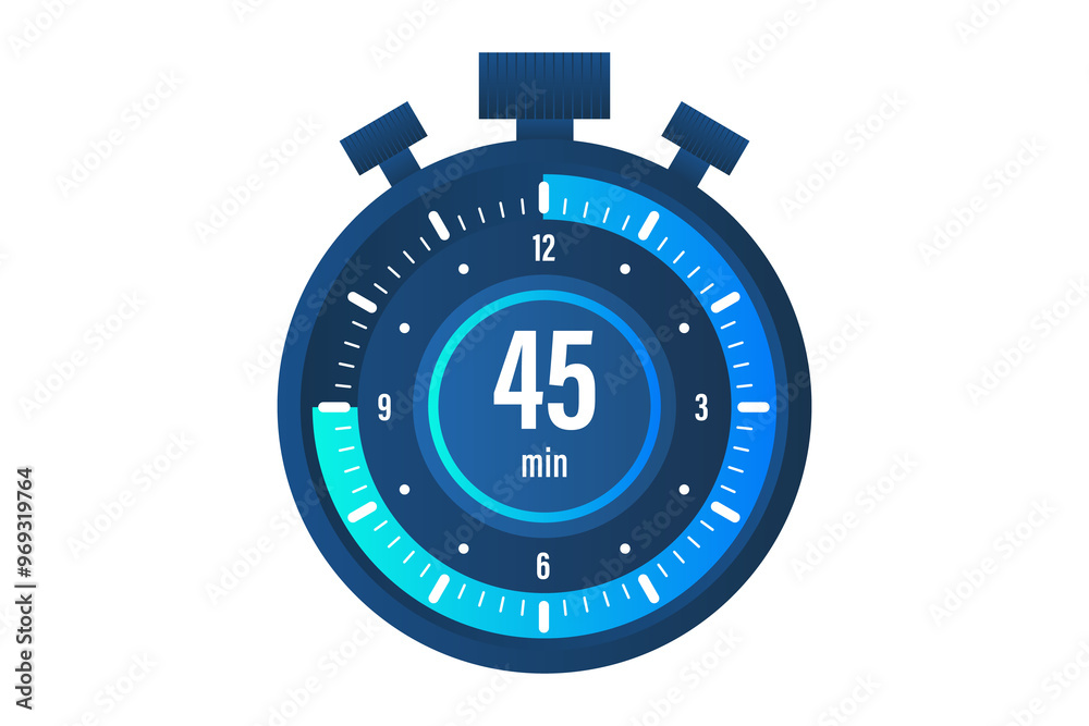 The 45 minutes stopwatch vector icon Stopwatch icon in flat style on a PNG background The 45 minutes stopwatch vector icon Stopwatch icon in flat style on a PNG background