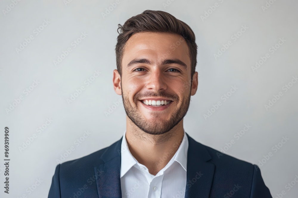 Portrait of handsome caucasian man in formal suit looking at camera smiling with toothy smile isolated in white background. Confident businessman ceo boss freelancer manager with generative ai Portrait of handsome caucasian man in formal suit looking at camera smiling with toothy smile isolated in white background. Confident businessman ceo boss freelancer manager with generative ai