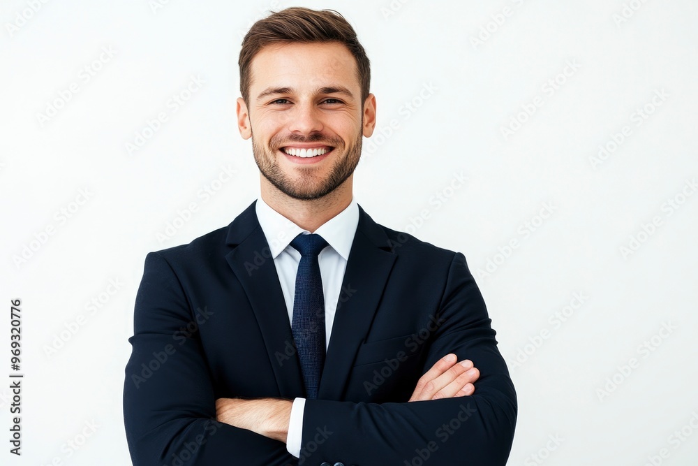 Portrait of handsome caucasian man in formal suit looking at camera smiling with toothy smile isolated in white background. Confident businessman ceo boss freelancer manager with generative ai Portrait of handsome caucasian man in formal suit looking at camera smiling with toothy smile isolated in white background. Confident businessman ceo boss freelancer manager with generative ai
