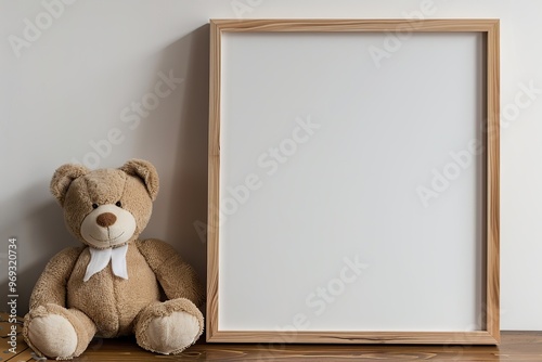 Blank white picture frame mockup in a bright simple childrens room interior. Eco friendly child wooden empty poster, toys white wall. Paper template and stylish scandinavian newborn cozy decoration.