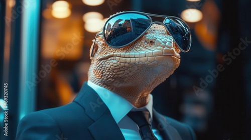 anthropomorphic lizard in sleek suit and mirrored aviators exuding confidence in urban setting blending reptilian and human features photo