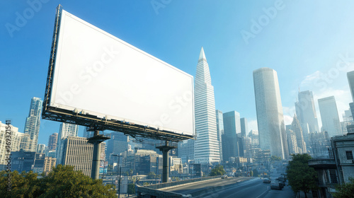 Blank white billboard on an urban street with modern skyscrapers in the background, ideal for advertisement or marketing purposes. photo