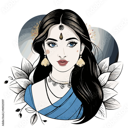 Elegant portrait of a woman adorned with jewelry and traditional attire surrounded by leaves