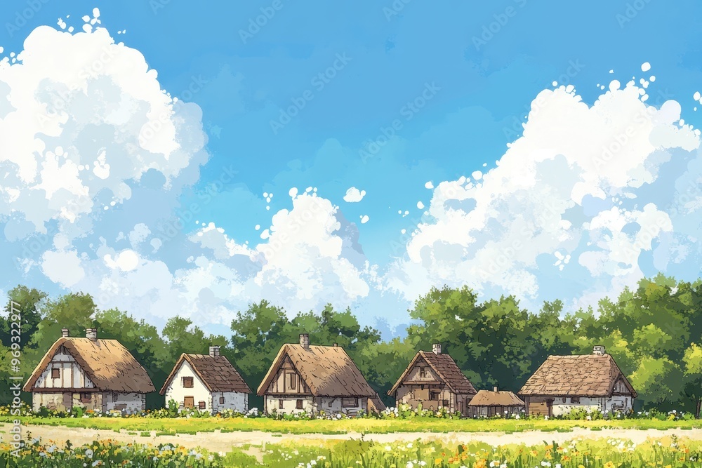 Charming 8-Bit Village Scene with Thatched Houses and Clear Sky for Copy Space