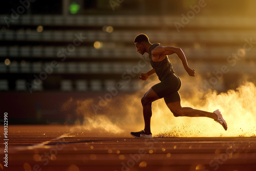 Powerful African American athlete sprints on stadium track at golden sunset, showcasing speed, determination, and athletic prowess amidst swirling dust.