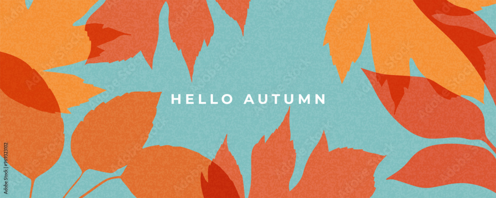 Fall season horizontal background with bright abstract autumn leaves. Autumn modern art minimalist style design template for sales, horizontal poster, header, cover, social media, fashion ads, decor.
