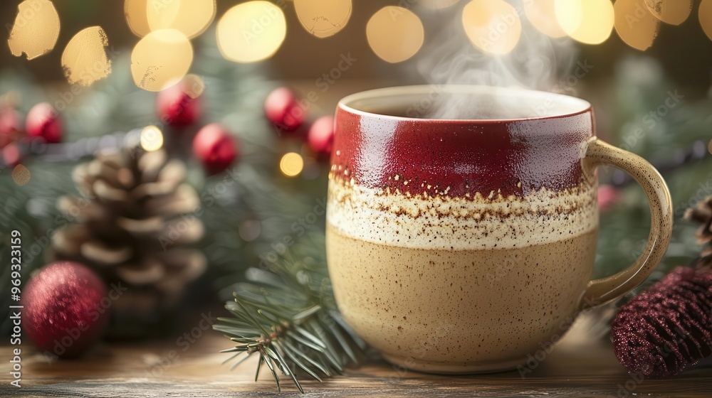 Fototapeta premium artisanal ceramic mug steaming with aromatic beverage nestled among festive holiday decorations warm inviting tones evoke cozy winter comfort