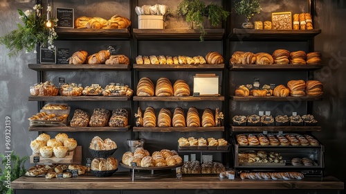 artisanal bakery display featuring an array of freshly baked croissants pastries and bread loaves on rustic wooden shelves with warm inviting lighting