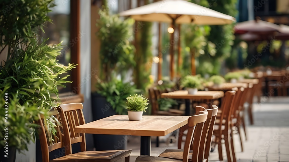 Obraz premium empty outdoor restaurant or cafe with wooden tables and chairs and green plants