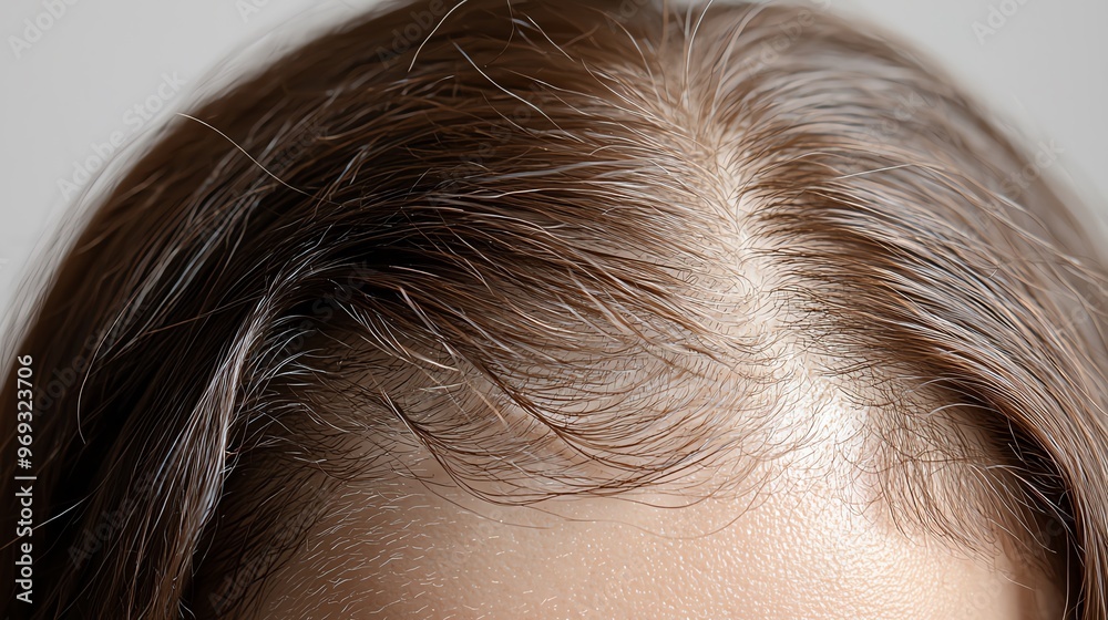 Close-up view of a person's hairline showcasing smooth, healthy hair with natural texture against a soft background. Close-up view of a person's hairline showcasing smooth, healthy hair with natural texture against a soft background.