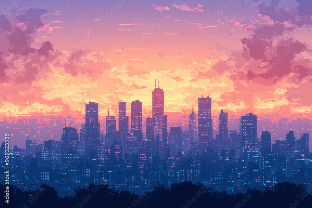 Obraz premium Nostalgic Pixelated Cityscape with Copy Space for Retro Design Concepts