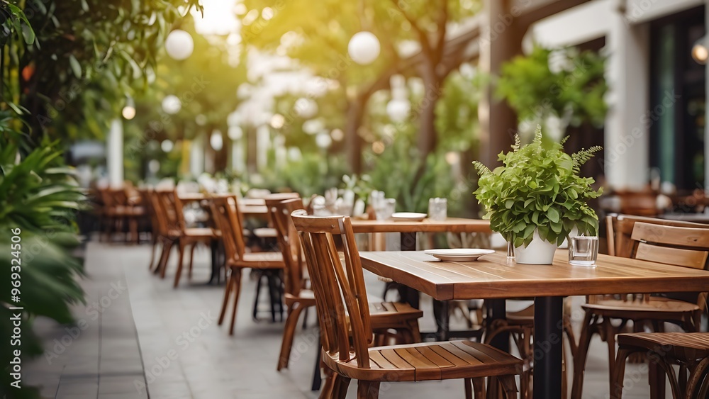 empty outdoor restaurant or cafe with wooden tables and chairs and green plants empty outdoor restaurant or cafe with wooden tables and chairs and green plants