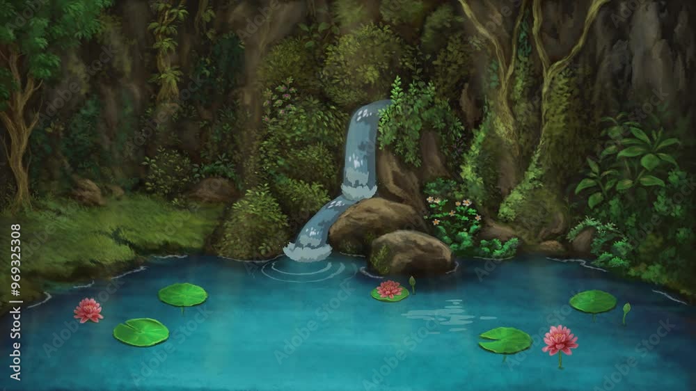 2D animation of Beautiful and flowing water spring in pond and lotus ...