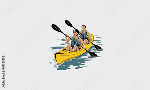 two people kayaking together, wearing life vests and paddling energetically.