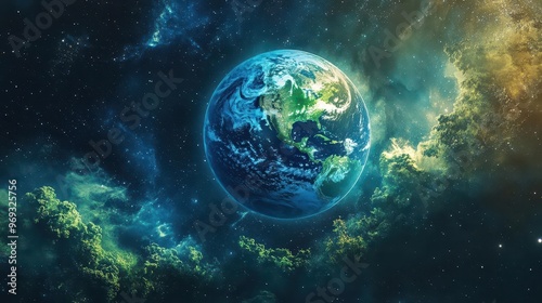 artistic rendering of earth as a vibrant blue and green sphere surrounded by elements symbolizing environmental conservation and sustainability set against a cosmic backdrop