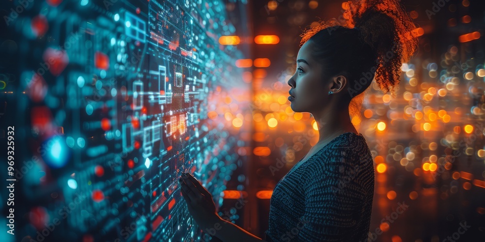 Woman interacting with a high-tech digital interface, surrounded by illuminated data points and futuristic graphics, symbolizing technology and innovation Woman interacting with a high-tech digital interface, surrounded by illuminated data points and futuristic graphics, symbolizing technology and innovation