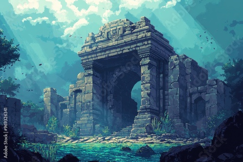 Retro 8-Bit Underwater Temple Scene with Blank Water Copy Space for Text