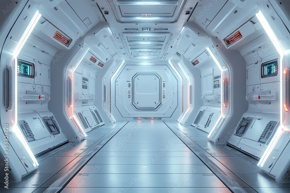 Obraz premium Futuristic Retro Space Station Corridor with Empty Wall for Copy Text
